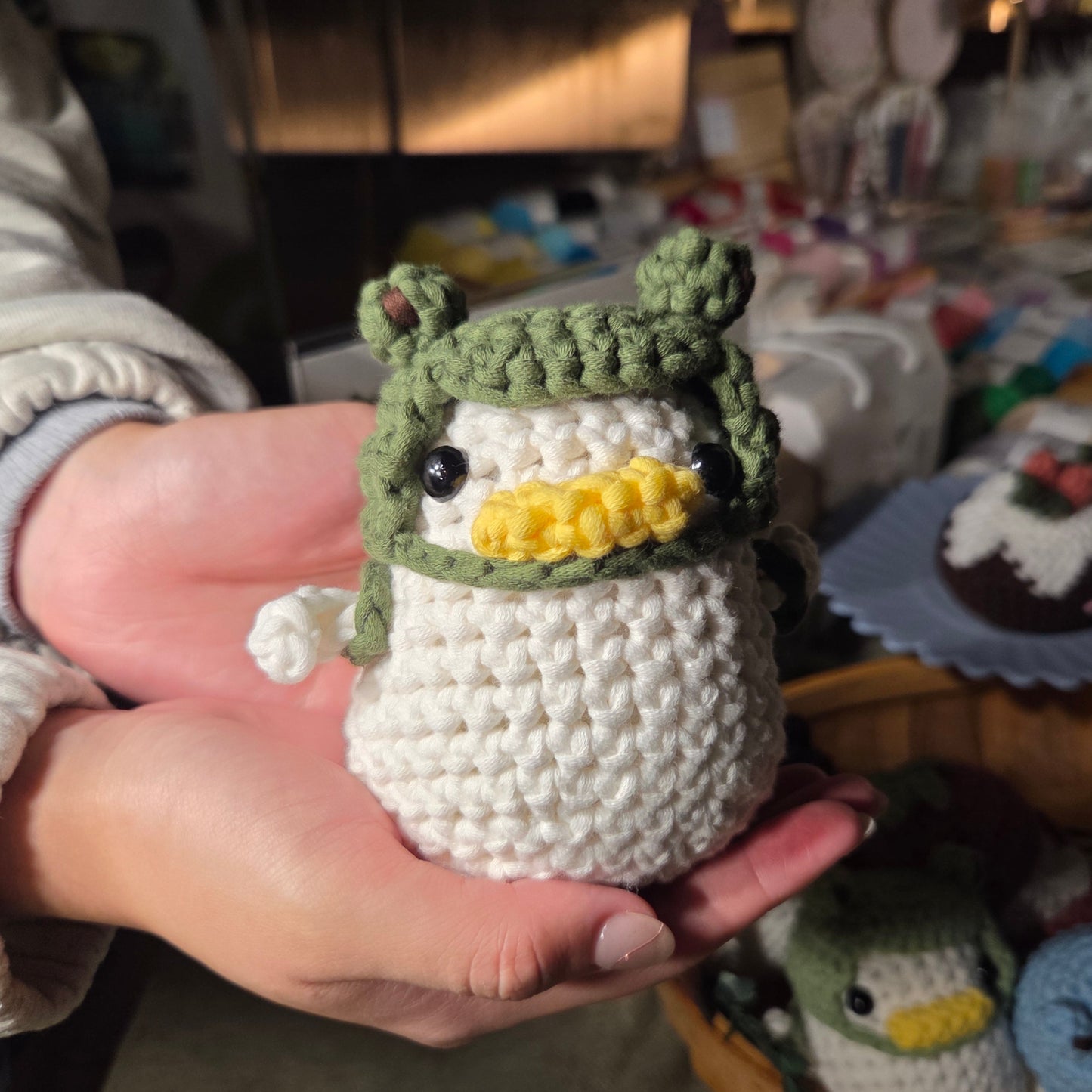 Crochet Duck with Frog Hat & Backpack - Light Green