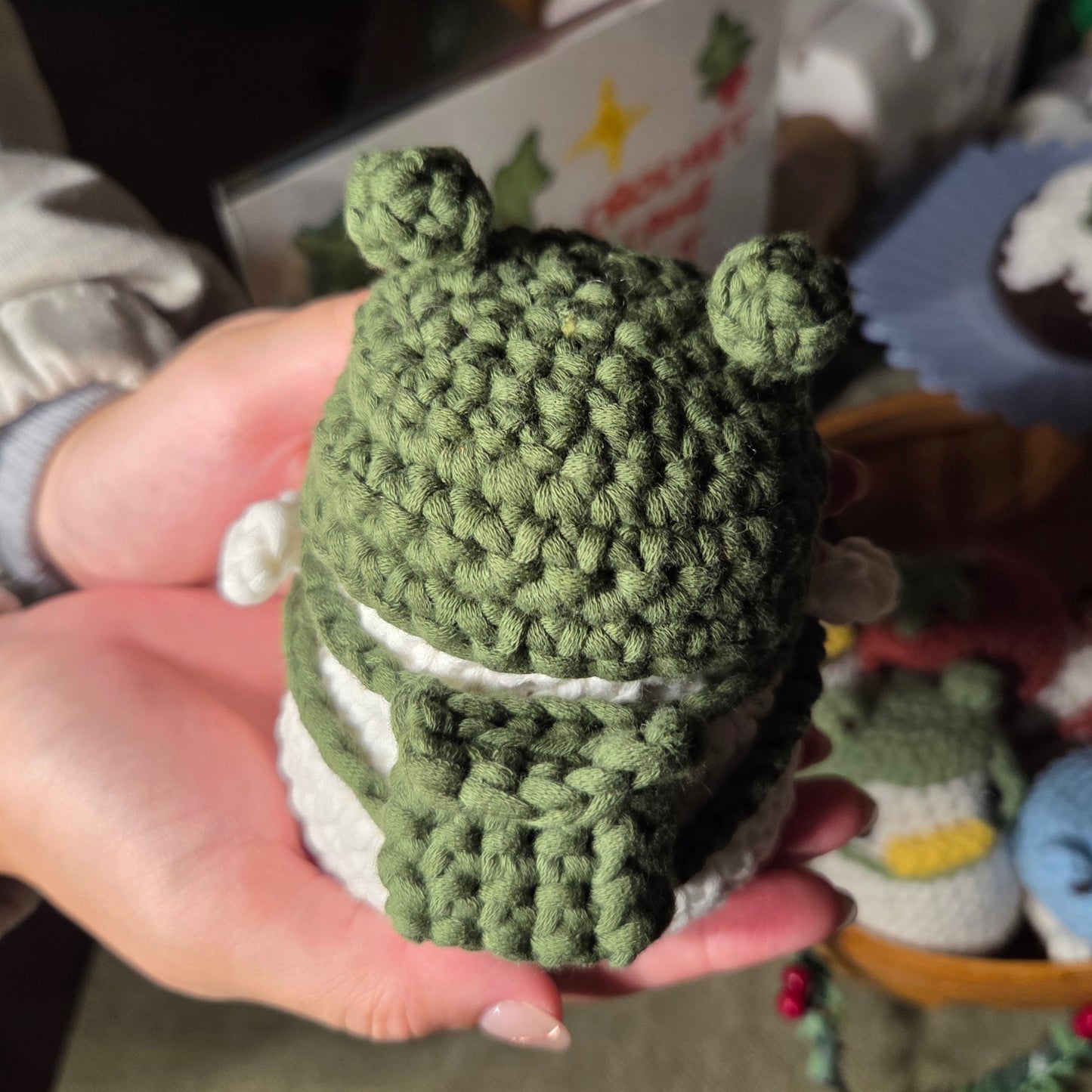 Crochet Duck with Frog Hat & Backpack - Dark Green
