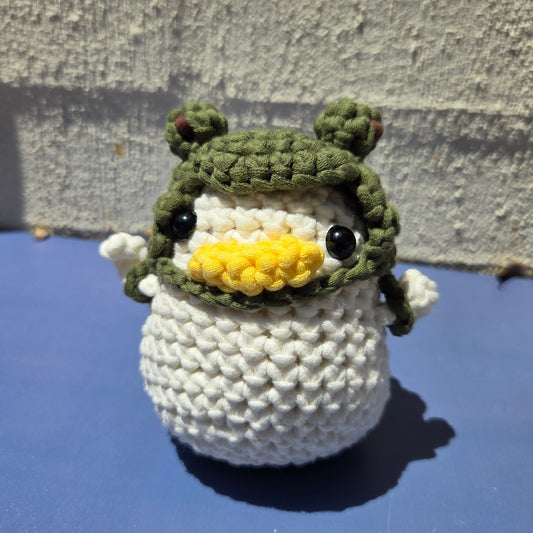 Crochet Duck with Frog Hat & Backpack - Dark Green
